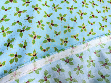 Turquoise Green Cotton Holly Berry Christmas Fabric, Festive Fabric, Holiday Fabric